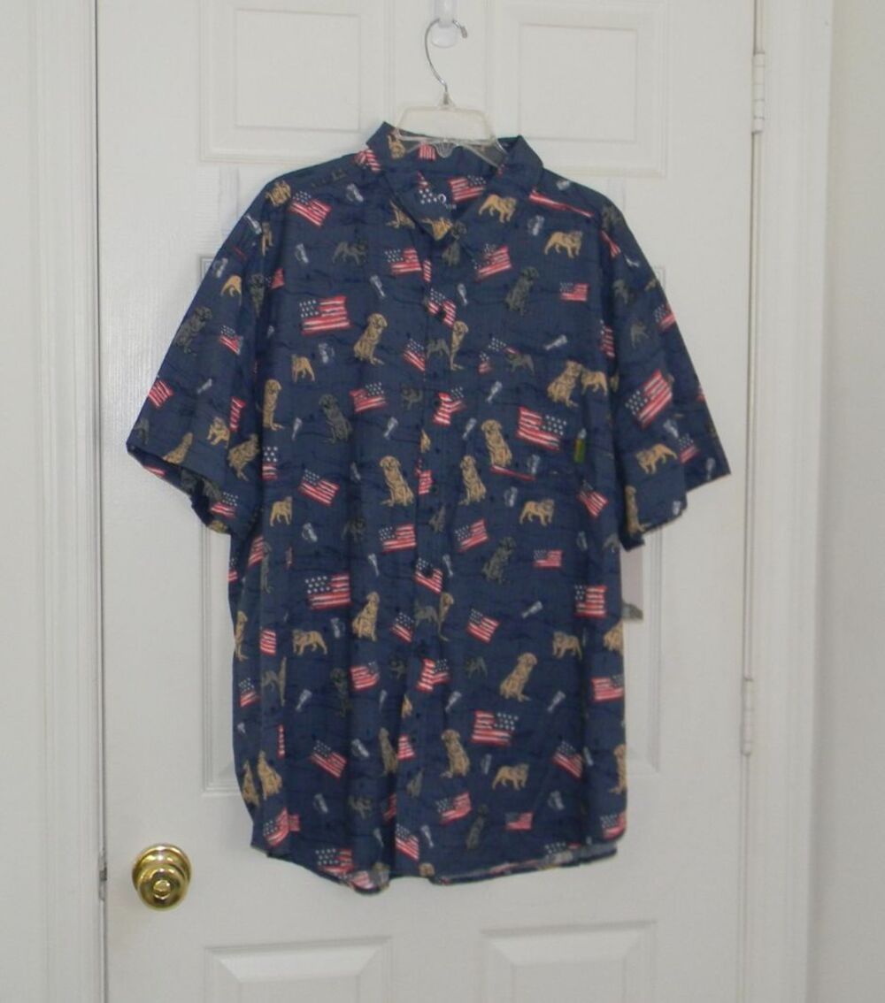 Sun River Patriotic Print Dogs Flags Blue SZ XXL Mens Lens Cloth Pocket NWT